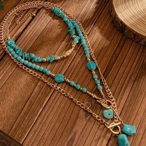 NEW! Boho faux Gold and faux Turquoise Layered Necklace